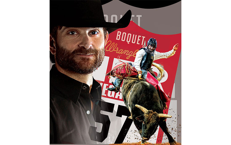 Un collage de fotos del jinete de toros, Dustin Boquet, montando un toro colocado sobre su número de espalda NFR y su foto de cabeza.